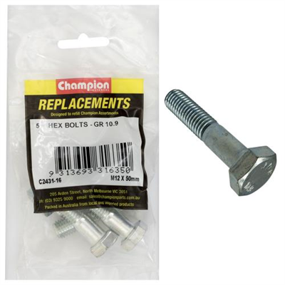 Champion Hex Bolts High Tensile M12 x 50mm - 5pk